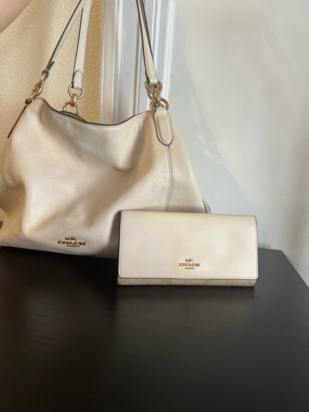 Authentic Coach Lane Leather Shoulder Bag 39289 & Trifold Canvas Wallet Set